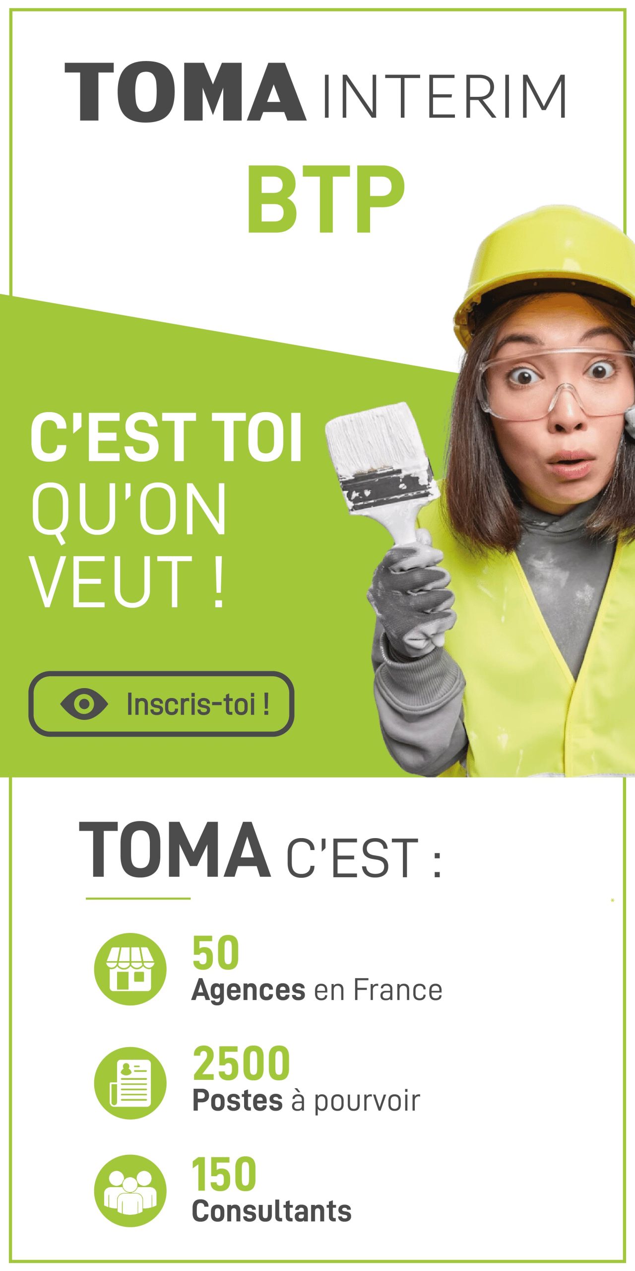 Affiche TOMA Intérim BTP avec une femme peintre