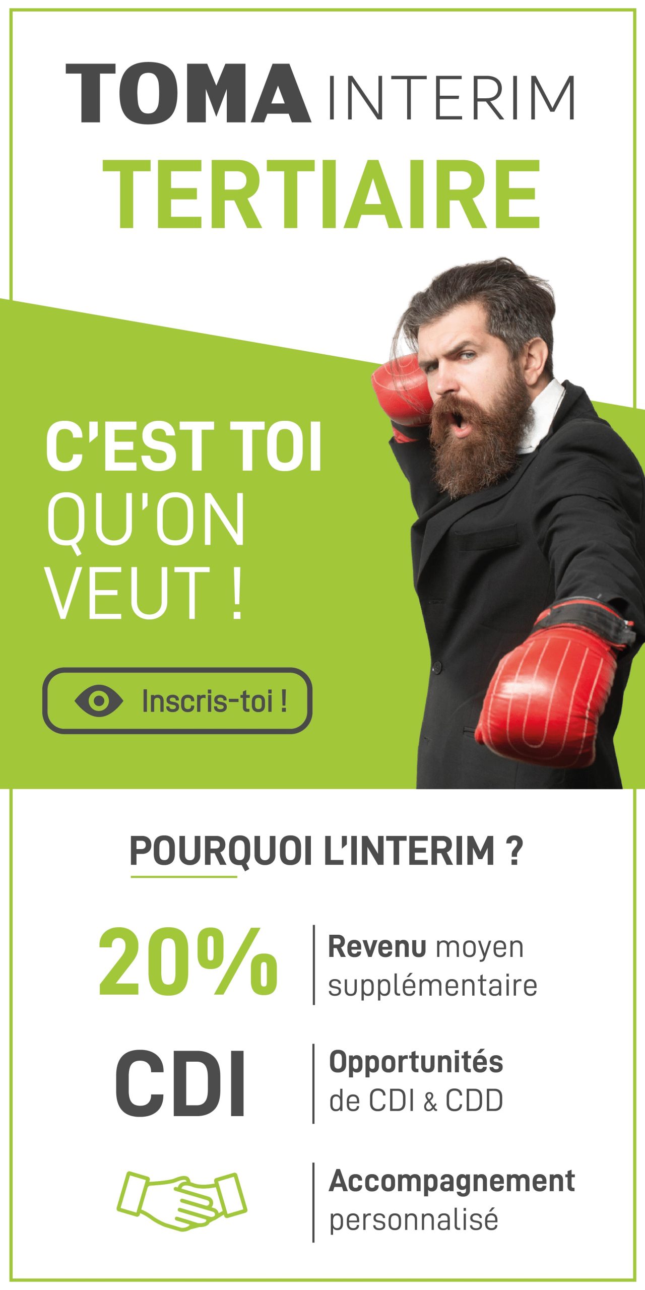 Affiche TOMA Intérim tertiaire avec un homme en costume et des gants de boxe