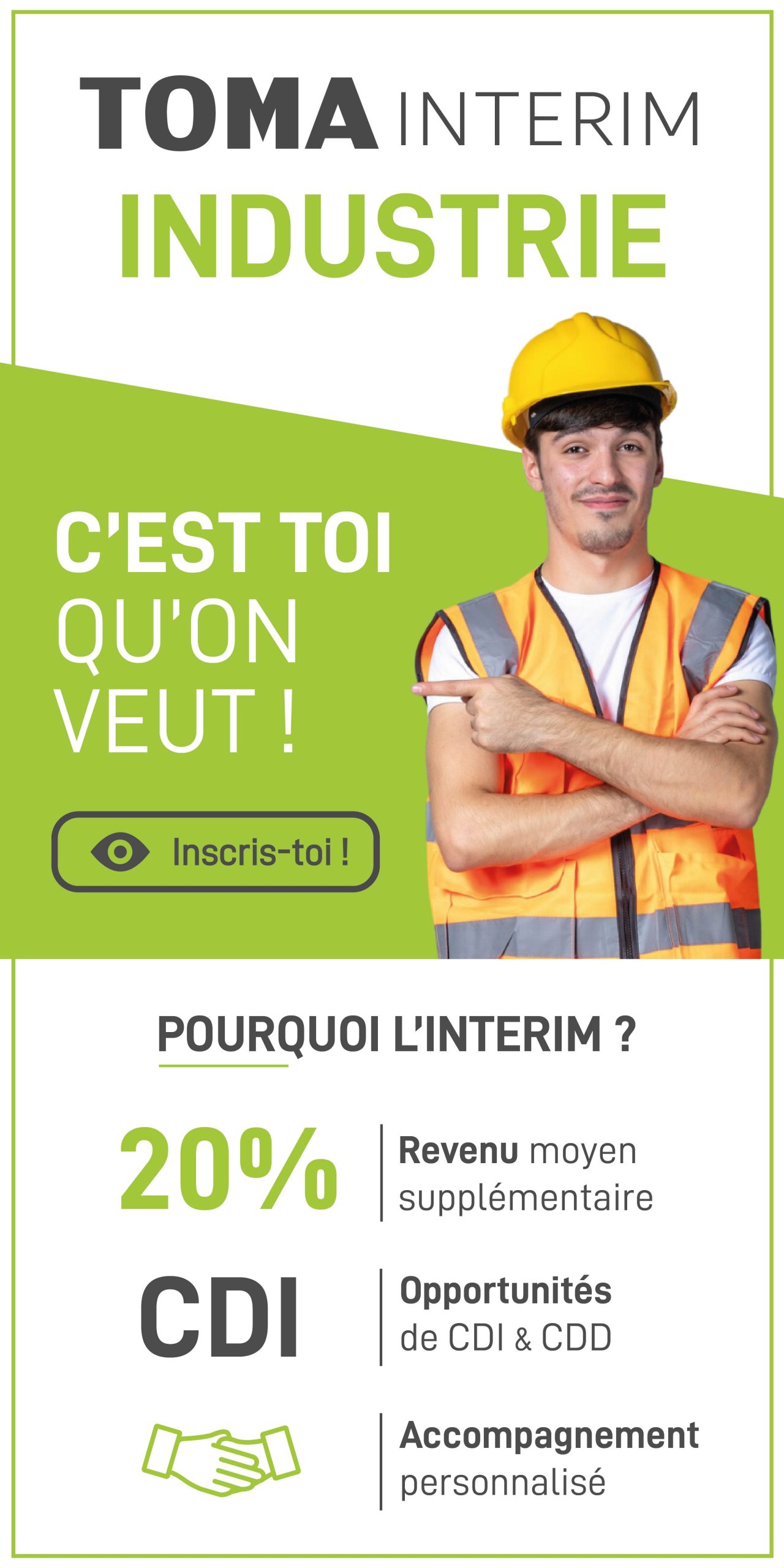 Affiche TOMA Intérim BTP avec un homme portant un casque de chantier